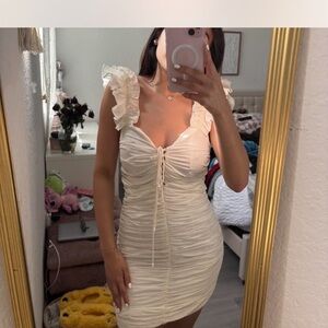 Zara Cream Asymmetrical Ruched Mini Dress